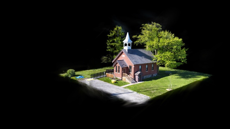 A Gaussian splat 3D walkthrough of a brick community hall